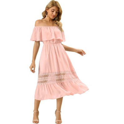 Allegra K Women's Off Shoulder Ruffle Lace Insert High Waist Short Sleeve Flowy Maxi Dress