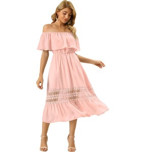Allegra K Women's Off Shoulder Ruffle Lace Insert High Waist Short Sleeve Flowy Maxi Dress - 1 of 4