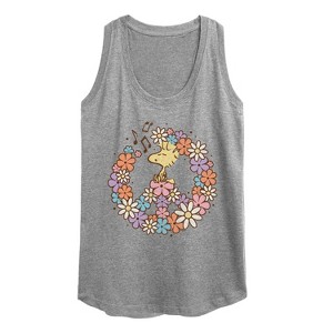Women's - Peanuts - Floral Peace Sign Woodstock Graphic Racerback Tank - 1 of 4