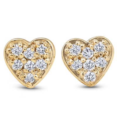 Pompeii3 14K Yellow Gold Diamond Pave Petite Heart Studs Dainty High Polished 5.7MM