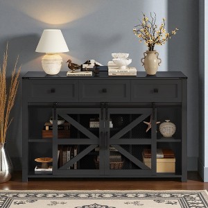 Mshliw 55" Sliding Barn Door Sideboard Buffet Cabinet with 3 Drawers, Adjustable Shelves, Metal Mesh Doors & Aluminum Handles for Dining Room - 1 of 4
