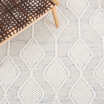 Ivory and Light Blue Geometric Wool Area Rug, 5' x 8'