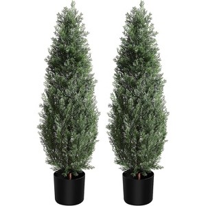 Artificial Topiary Trees Set of 2 – Realistic UV-Protected Potted Faux Cedar Trees for Outdoor Home Decor, Perfect for Front Door Planters - 1 of 4