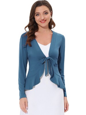 INSPIRE CHIC Women's Tie Front Long Sleeve Crop Ruffle Knit Cardigan Sweaters