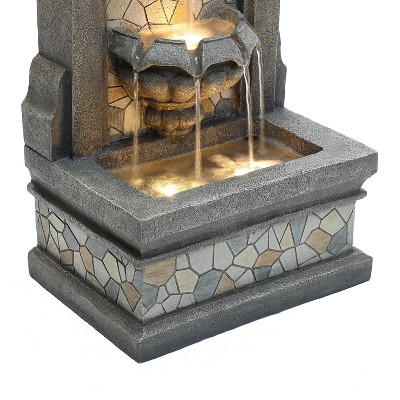 LuxenHome 27" Gray Resin Mosaic Tile Outdoor Water Fountain with Lights