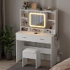 Vanity Desk with Sliding Mirror, Makeup Desk and Stool with Lights in 3 Colors, Vanity Table with Charging Station, 2 Drawers & Storage Shelves - 3 of 4