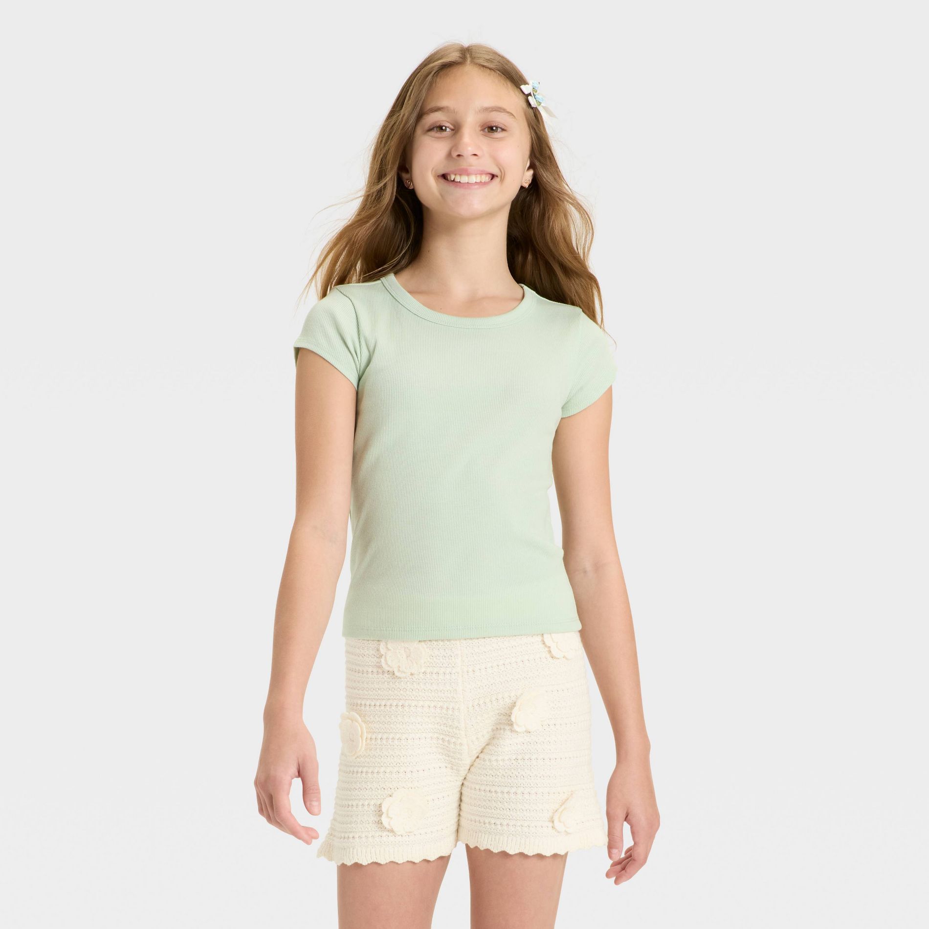 Girls' Short Sleeve Ribbed T-Shirt - art class™ Green L