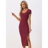 Allegra K Women's Ribbed U Neck Short Sleeves Basic Solid Side Slit Bodycon Knit Midi Dress - 2 of 4