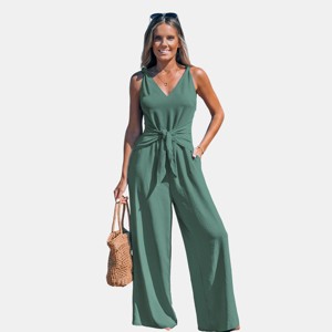 Women's Elegant Navy Blue V-Neck Tie-Front Wide Leg Jumpsuit - Cupshe - 1 of 4