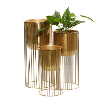 Set of 3 Eclectic Metal Planters with Stands Gold - Olivia & May