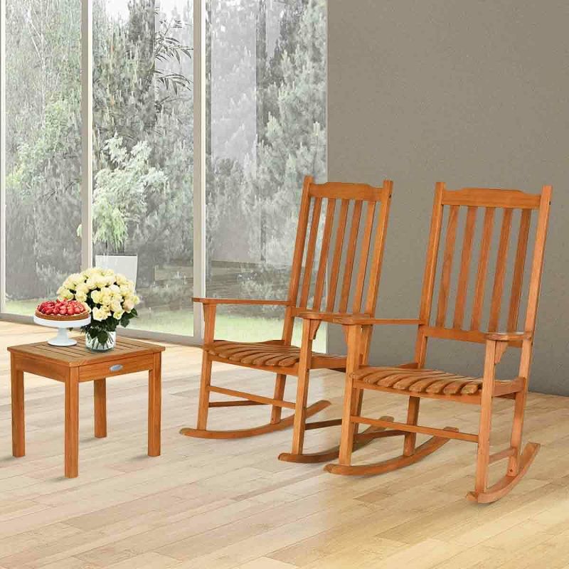Costway 3 PCS Eucalyptus Rocking Chair Set W/ Coffee Table 2 Wood Conversation Chairs, 4 of 10