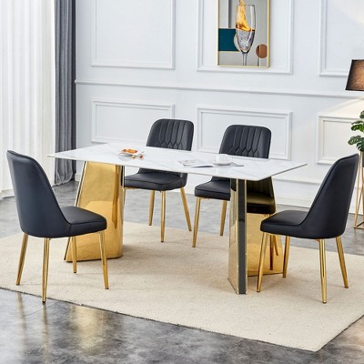 CAVINAS Dining Table Set for 6 Kitchen Table Modern Sintered Stone Table with Stainless Steel Butterfly Legs 6 PU Chairs