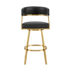 HomeRoots 30" Black and Gold Faux Leather and Stainless Steel Low Back Bar Height Swivel Bar Chair - 1 of 4