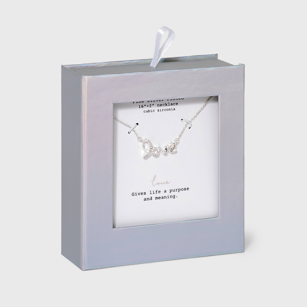 Silver Plated "Love" Cubic Zirconia Script Pendant Necklace - Silver