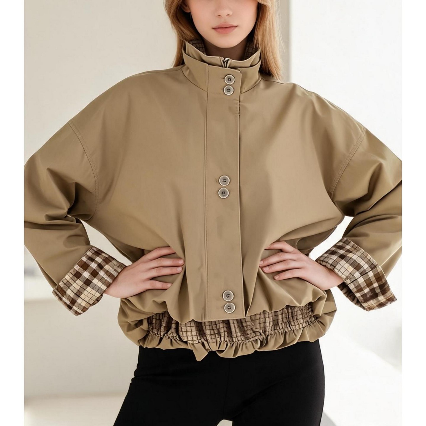 Женская куртка Imily Bela Women Reversible Plaid Lined Bomber Jacket, Stand Collar Zip Button Mixed Design Long Sleeve Cropped Oversized Casual Outerwear Khaki, цвет: Хаки — фото 1
