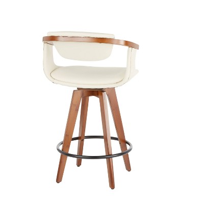 Mid-Century Modern Cream Swivel Counter Stool with Walnut Wood Frame