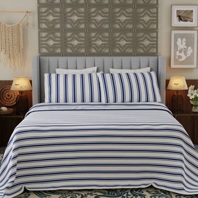 Full Navy Stripe Cotton Blend Percale Sheet Set