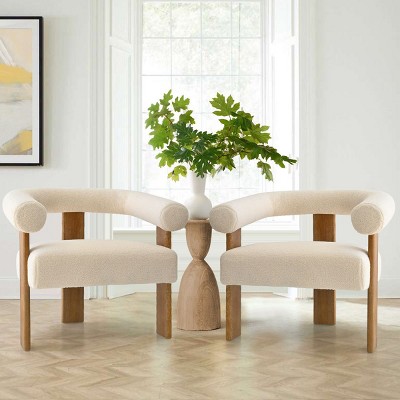 Beige Boucle Accent Chairs Set Of 2 Sale Occasional Chairs Modern Single Sofa Chair With Curved Back,Comfy Upholstered Study Chair-Cuddlewood