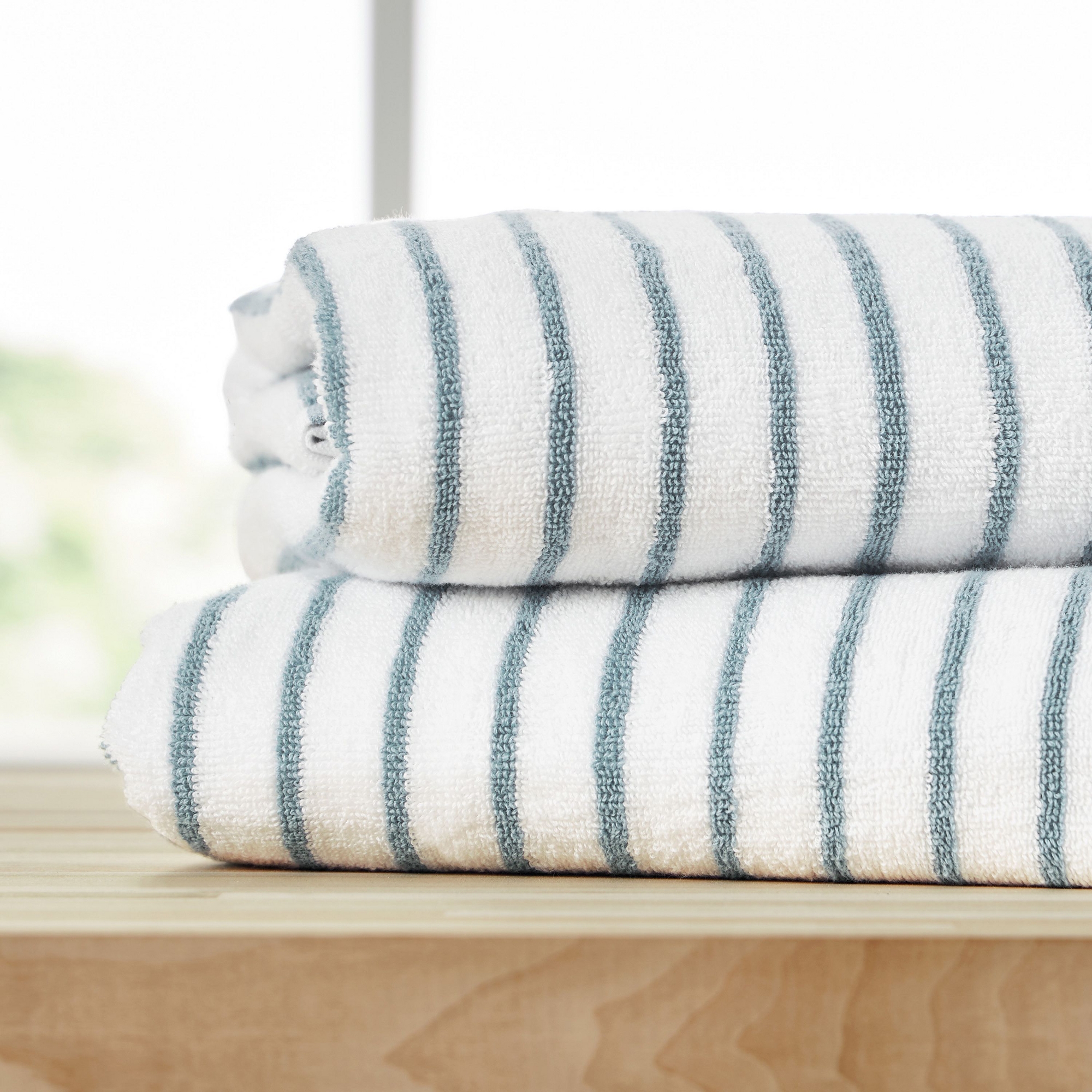 Cabana Stripe 100% Cotton Pool and Beach Towels - Oversized, Absorbent, Quick-Dry Towels - Becky Cameron, Light Blue, Pack of 2