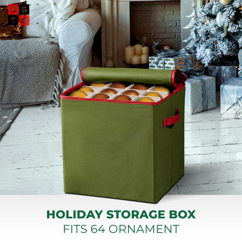 OSTO Christmas Decorative Ornament Storage Box Stores Up to 64 Holiday Ornaments of 3 inches; Non-Woven Fabric with Carry Handles and Card Slot, 2 of 5