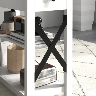 White Wood Side Table with Charging Station and Storage Shelves