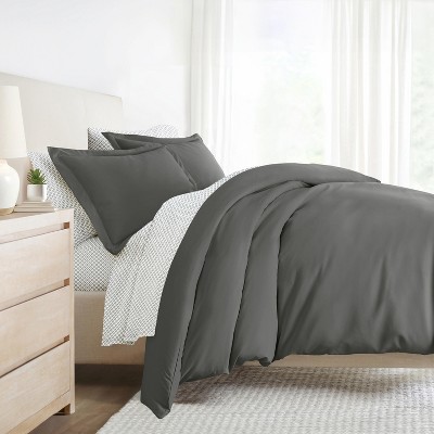 8PC Complete Bedding, Solid Duvet Cover, White Comforter and Patterned Sheet Set - Becky Cameron