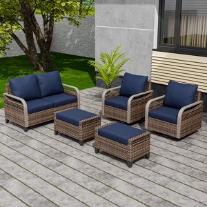EAGLE PEAK Wicker Outdoor Patio Conversation Set, 2 Swivel Rocking Chairs, 2-Seat Loveseat and 2 Ottomans, 5 Pieces - 1 of 4