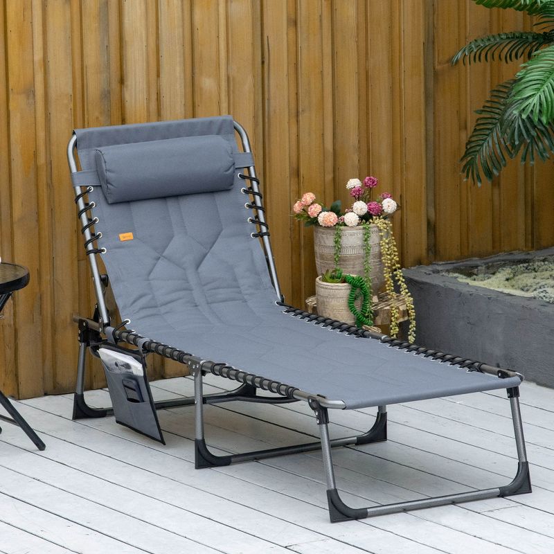 Outsunny Folding Chaise Lounge Chair, Outdoor Padded Reclining Chair with 5-position Adjustable Backrest, Pillow and Pocket for Patio, Deck, Beach, Lawn and Sunbathing, 3 of 7