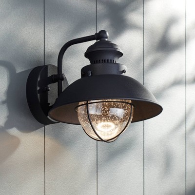 Black Steel Industrial Outdoor Wall Sconce with Seedy Glass