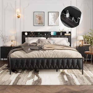 Bed Frame with PU Faux Leather, Button Headboard with Charging Station, All-Metal Full Platform Bed Frame with Storage,No Box Spring Needed - 1 of 4