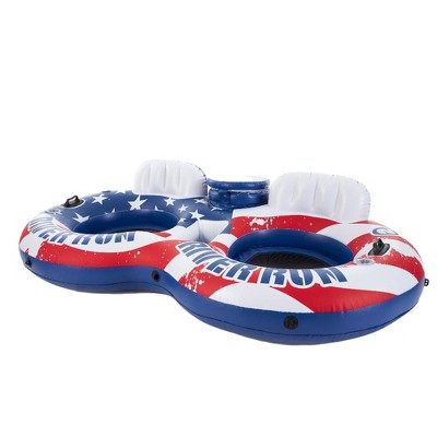 Intex 56855VM River Run Inflatable American Flag 2 Person Water Lounge Pool Tube Float with Built In Cooler, Cup Holders, and Patch Repair Kit