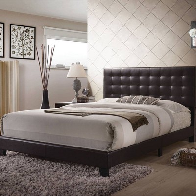 Espresso Faux Leather Tufted Queen Bed with Wood Frame