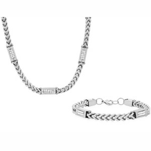 Steeltime 24" and 8.5" Men's stainless steel wheat chain and simulated diamonds link set. Color Option: Silver, Gold - 1 of 4