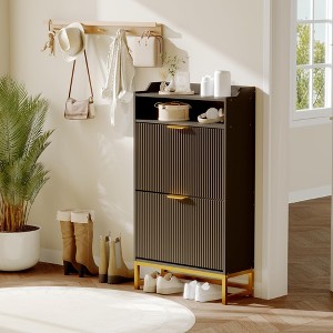 Fluted Shoe Cabinet Storage for Entryway, Wood Shoe Rack with 2 Flip Drawers and Open Shelf, Modern Entryway Organizer - 1 of 4