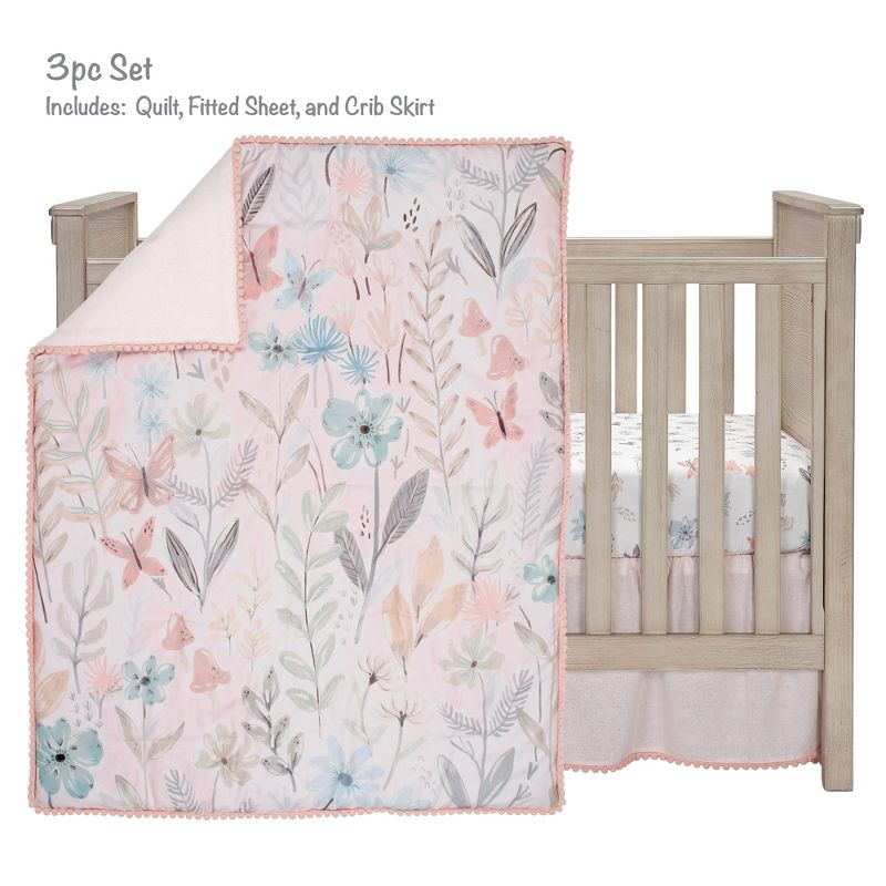 Lambs & Ivy Baby Blooms 3-Piece Pink Floral/Butterfly Baby Crib Bedding Set, 2 of 10