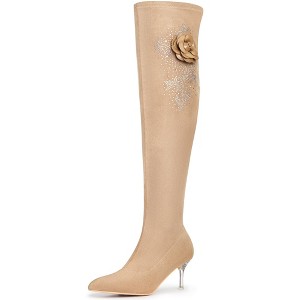 BLISSFUL STEP Women's Pointed Toe Stiletto Heel Rhinestone Flower Over the Knee High Boots - 1 of 4
