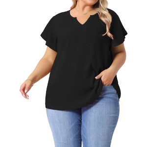 Agnes Orinda Women's Plus Size Textured V Neck Ruffle Short Sleeve Casual Tops - 1 of 4