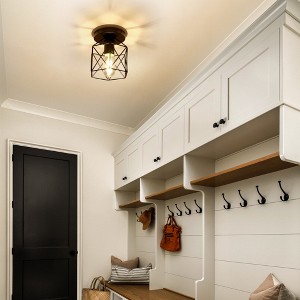 DORESshop 6 in. 1-Light Black Industrial Semi-Flush Mount Ceiling Light with Metal Cage Shade for Porch Hallway - 1 of 4