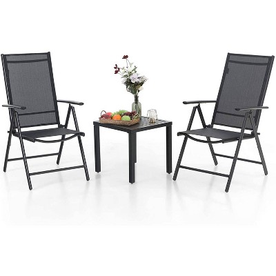 3pc Patio Set with Square Wrought Iron Table & 2 Folding Chairs - Black - Captiva Designs