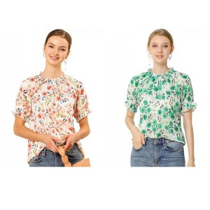Allegra K Women's Short Sleeve Ruffled Floral Mock Neck Summer Top 2 Pcs - 1 of 4