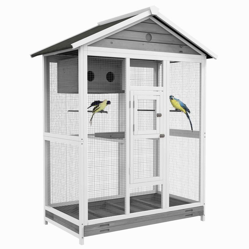 PawHut 64.5" Wooden Bird Cage Aviary, Flight Cage with 4 Perches, Nest and Slide-Out Tray for Indoor/Outdoor, Gray, 1 of 7