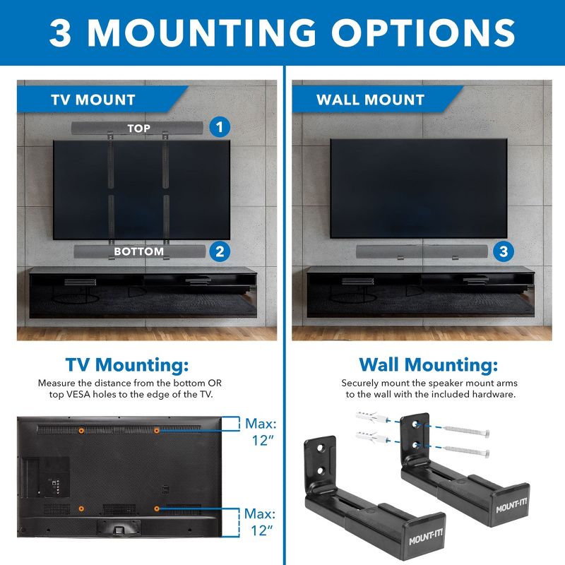 Mount-It! Soundbar Mount for TV & Wall Mounting | 2-in-1 Soundbar Bracket for Back of TV & Wall Mount Installation | Universal Base Fits All Soundbars, 3 of 10