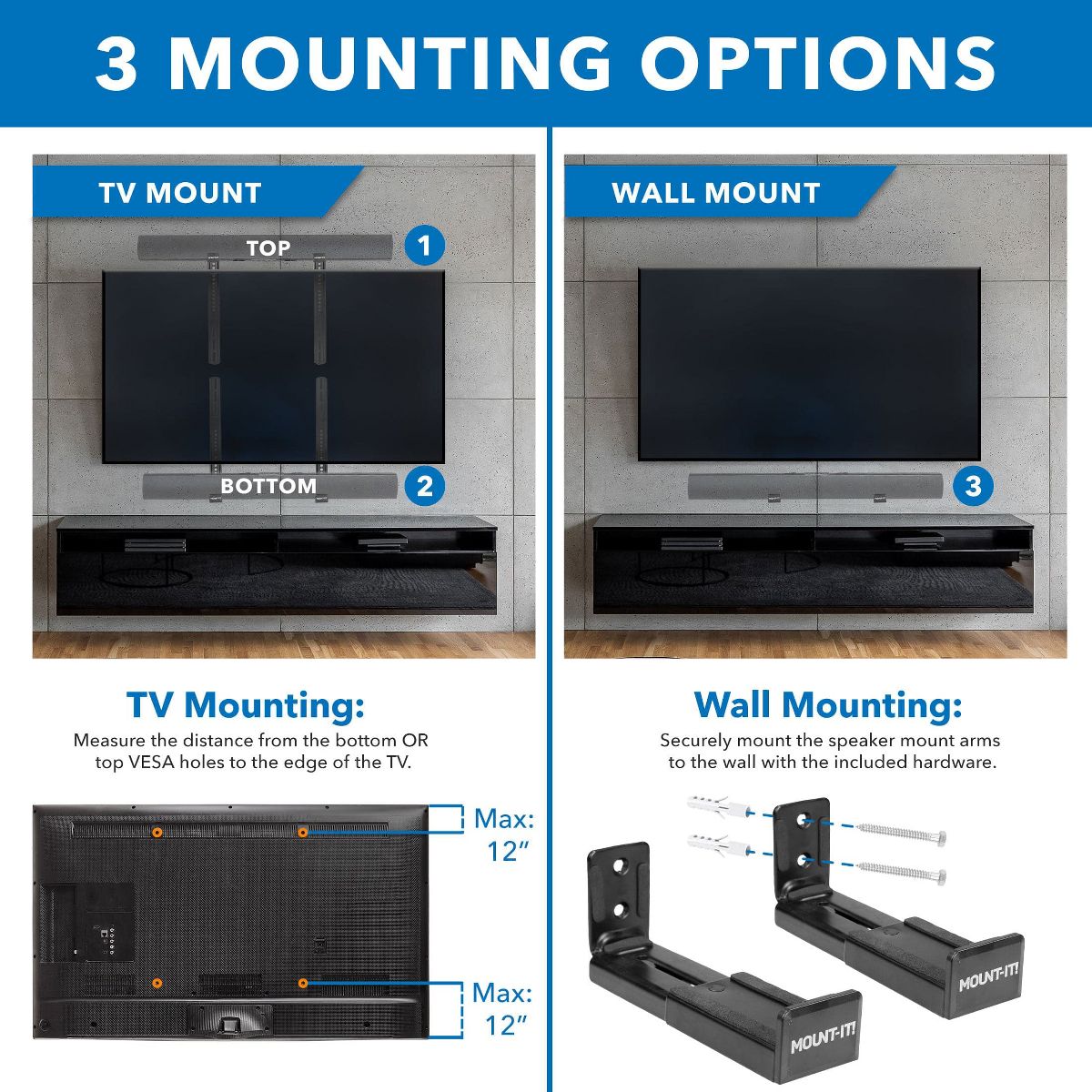 Mount-It! Soundbar Mount for TV & Wall Mounting | 2-in-1 Soundbar Bracket for Back of TV & Wall Mount Installation | Universal Base Fits All Soundbars - thumbnail 4