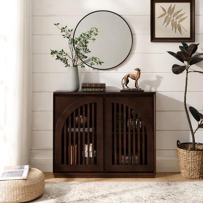 Modern Arched Storage Cabinet, Narrow Sideboard Accent Cabinet with 2 Outlet Holes for Entryway, Coffee Area, Living Room, Hallway, Office-Tanpinhause