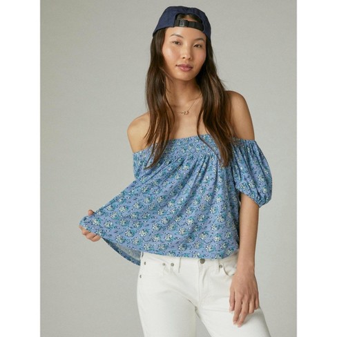 Lucky Brand Square Neck Short Sleeve Floral Boho Peasant Blouse