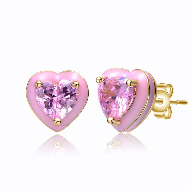 Guili - Young Adults/Teens 14k Yellow Gold Plated with Pink Cubic Zirconia and Pink Enamel Halo Heart Stud Earrings, 1 of 3