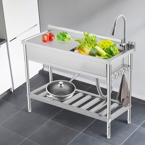 39 Inch Commercial Utility Sink with Faucet, Freestanding Stainless Steel Sink with Workbench & Storage Shelf for Kitchen Garage Outdoor - 1 of 4