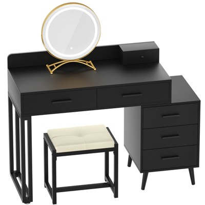 Aheaplus Makeup Vanity Set with Stool and LED Mirror, Modern Makeup Table Vanity Desk with 6 Storage Drawers