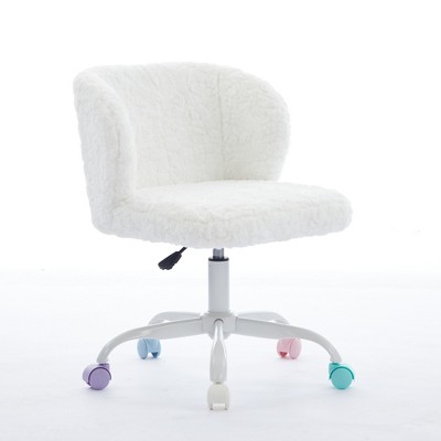 Anybear Adjustable Swivel Office Chair, Artificial Rabbit Hair Home Office Chair With Metal Base, White