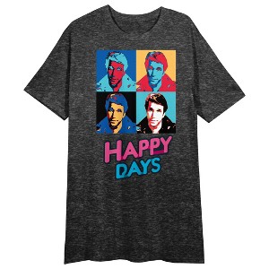 Happy Days Fonzie Women's Black Heather Short Sleeve Sleep Shirt - 1 of 2